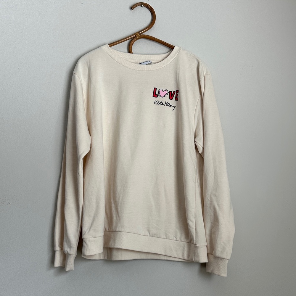 Keith Haring Cream LOVE Graphic Crewneck Sweatshirt - Women's